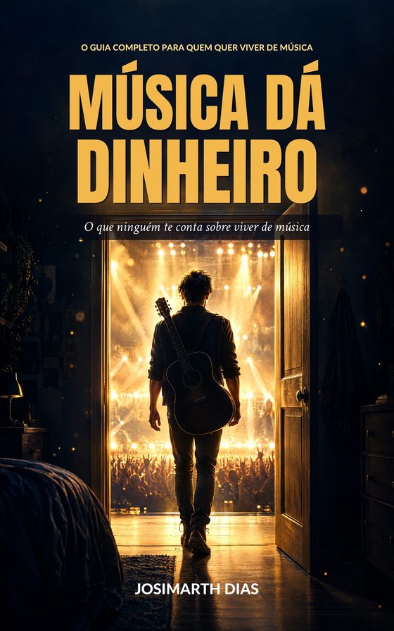 Capa do livro Música Dá Dinheiro, com um músico iluminado no palco
